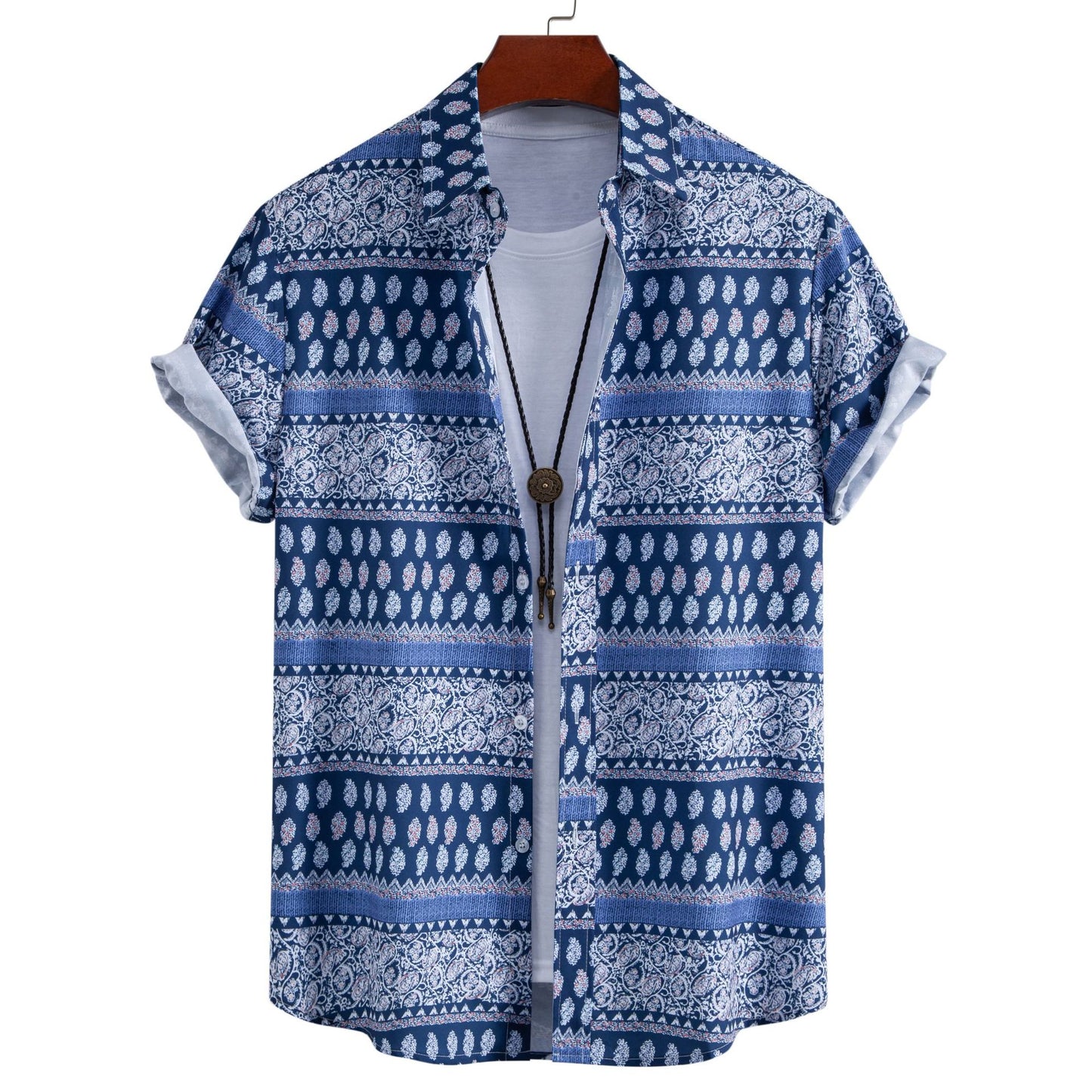 New Foreign Trade Model 2026 Spring/Summer Ethnic Style Men's Printed Slim Fit Trendy Versatile Short-Sleeve Shirt Men's Clothing Wholesale