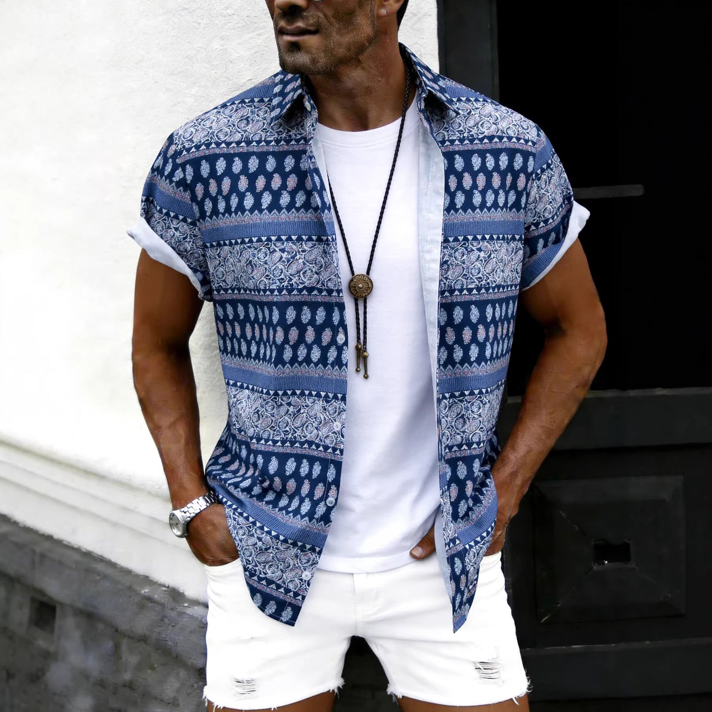 New Foreign Trade Model 2026 Spring/Summer Ethnic Style Men's Printed Slim Fit Trendy Versatile Short-Sleeve Shirt Men's Clothing Wholesale