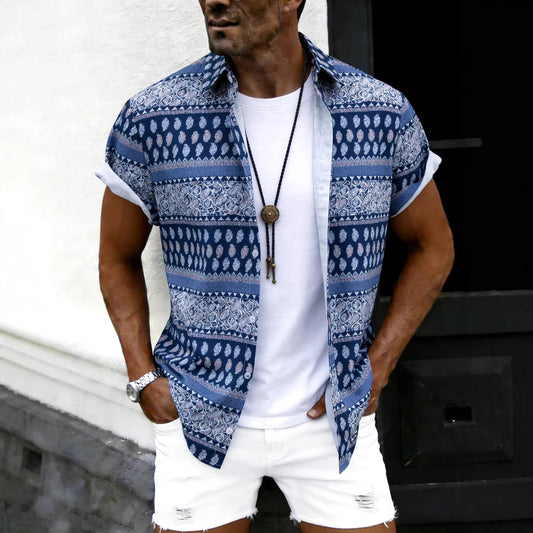 New Foreign Trade Model 2026 Spring/Summer Ethnic Style Men's Printed Slim Fit Trendy Versatile Short-Sleeve Shirt Men's Clothing Wholesale