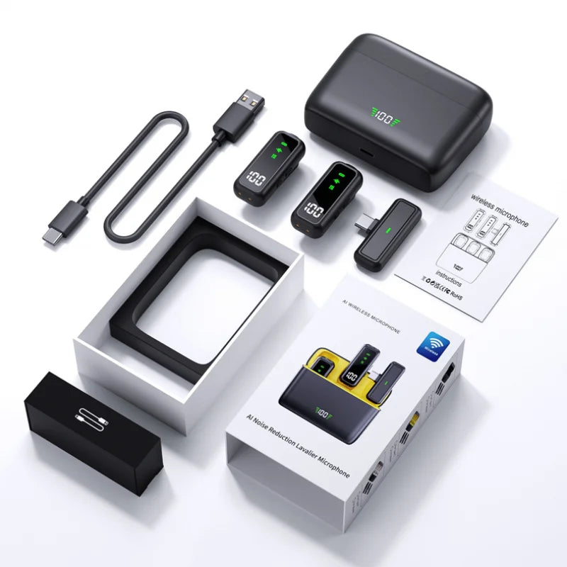 Wireless lavalier microphone with charging case, LED battery level display, 36-hour battery life, DSP noise reduction, 135-foot range, plug-and-play clip-on microphone, compatible with iPhone, iPad, Android, vlogging, and liv