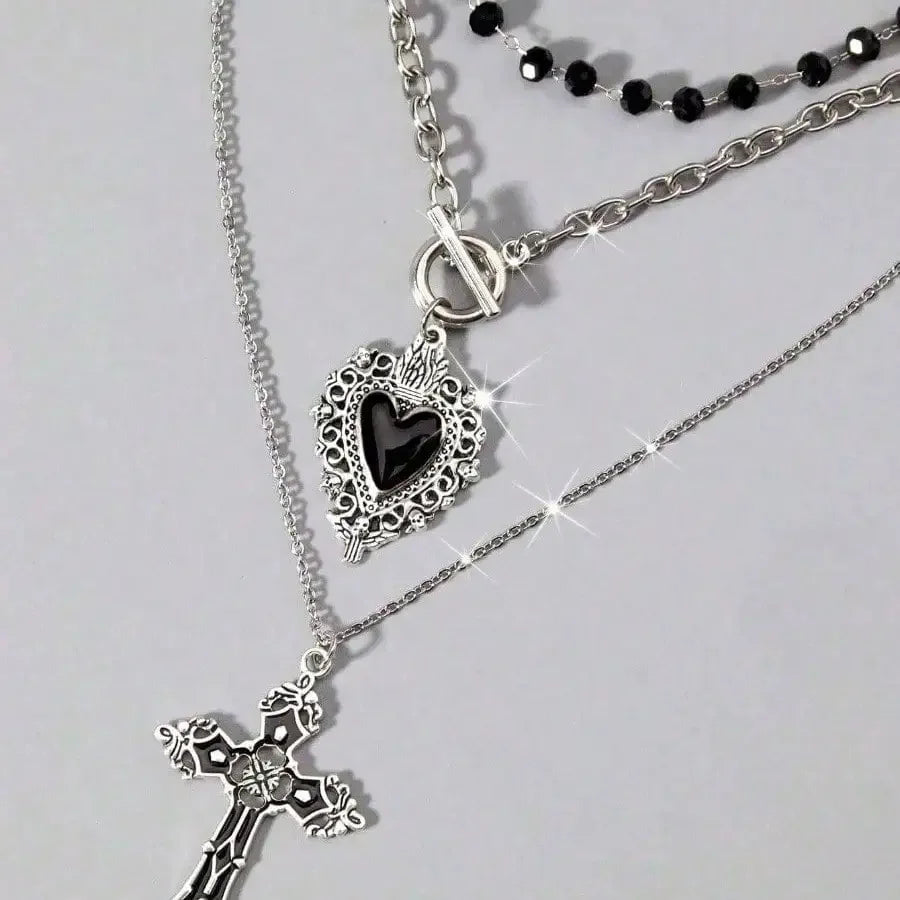 3Pcs Gothic Black Heart Cross Necklace, Y2K Punk Vintage, Daily Party Streetwear, Ideal Gift, Free Shipping
