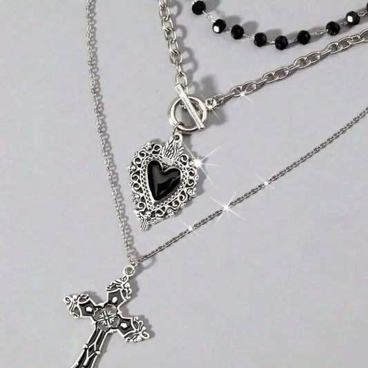 3Pcs Gothic Black Heart Cross Necklace, Y2K Punk Vintage, Daily Party Streetwear, Ideal Gift, Free Shipping