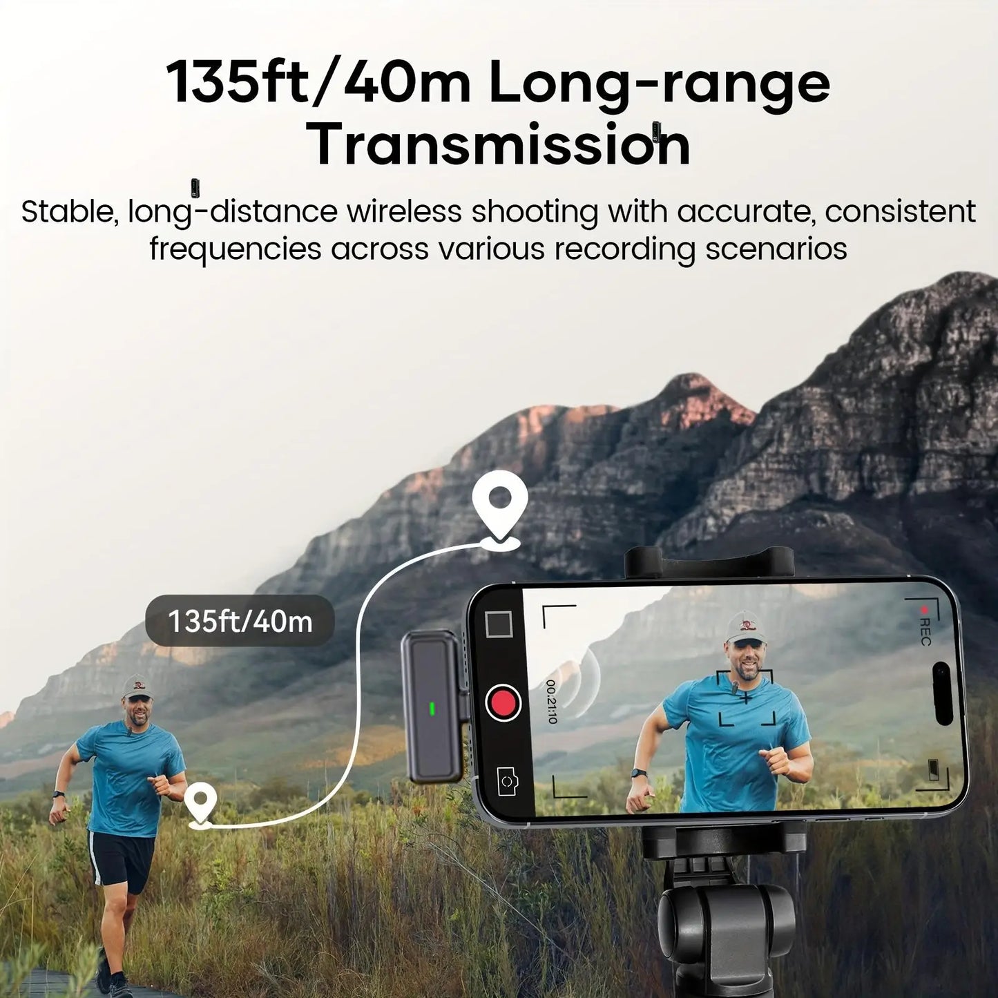 Wireless lavalier microphone with charging case, LED battery level display, 36-hour battery life, DSP noise reduction, 135-foot range, plug-and-play clip-on microphone, compatible with iPhone, iPad, Android, vlogging, and liv