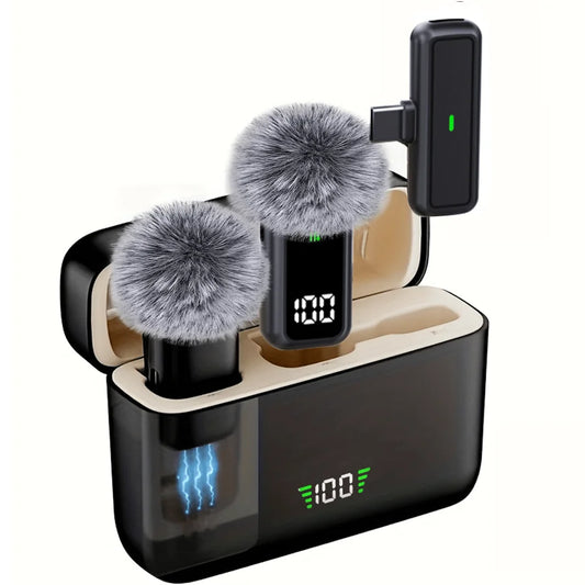 Wireless lavalier microphone with charging case, LED battery level display, 36-hour battery life, DSP noise reduction, 135-foot range, plug-and-play clip-on microphone, compatible with iPhone, iPad, Android, vlogging, and liv