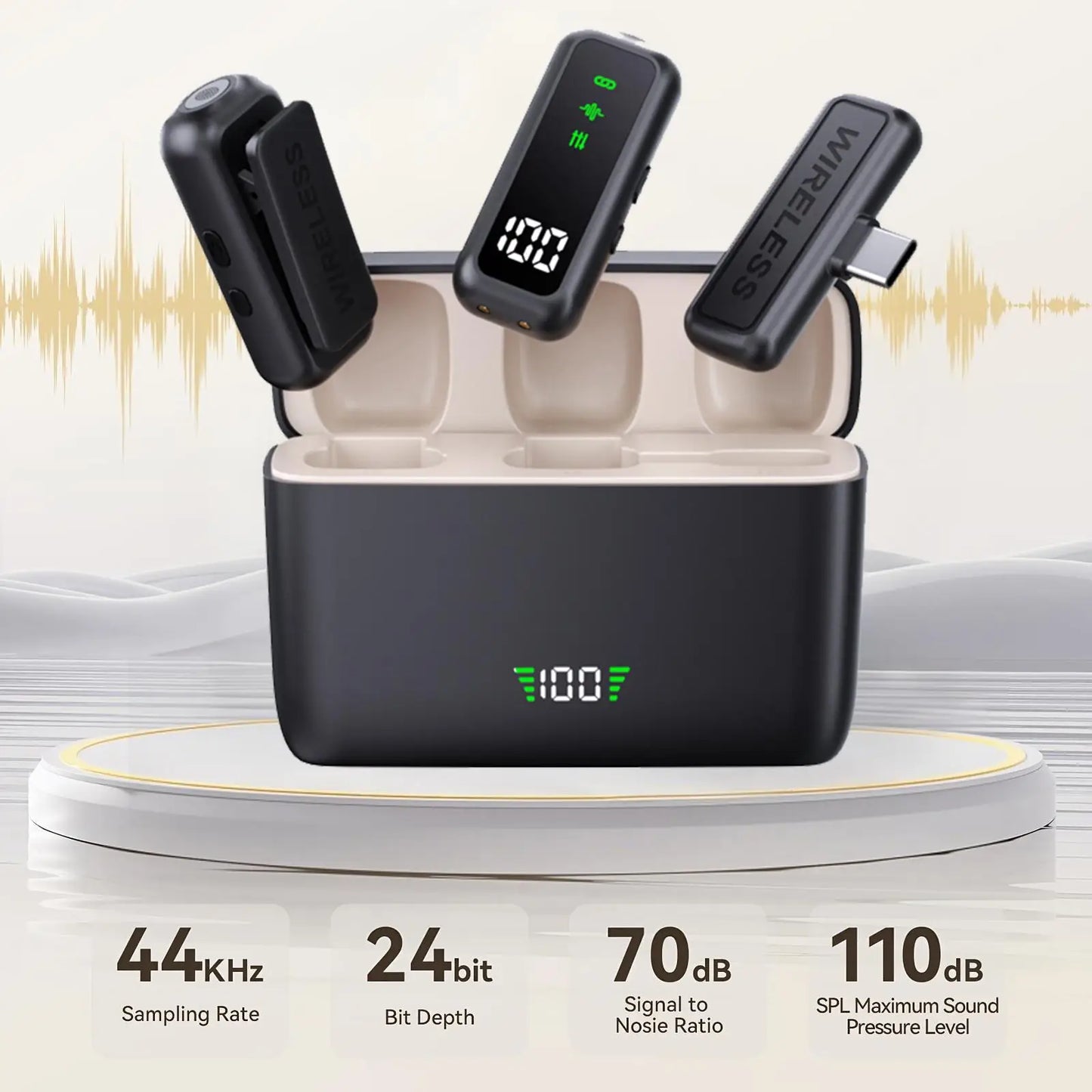 Wireless lavalier microphone with charging case, LED battery level display, 36-hour battery life, DSP noise reduction, 135-foot range, plug-and-play clip-on microphone, compatible with iPhone, iPad, Android, vlogging, and liv