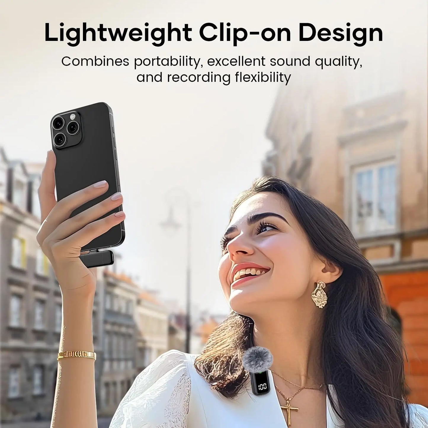 Wireless lavalier microphone with charging case, LED battery level display, 36-hour battery life, DSP noise reduction, 135-foot range, plug-and-play clip-on microphone, compatible with iPhone, iPad, Android, vlogging, and liv