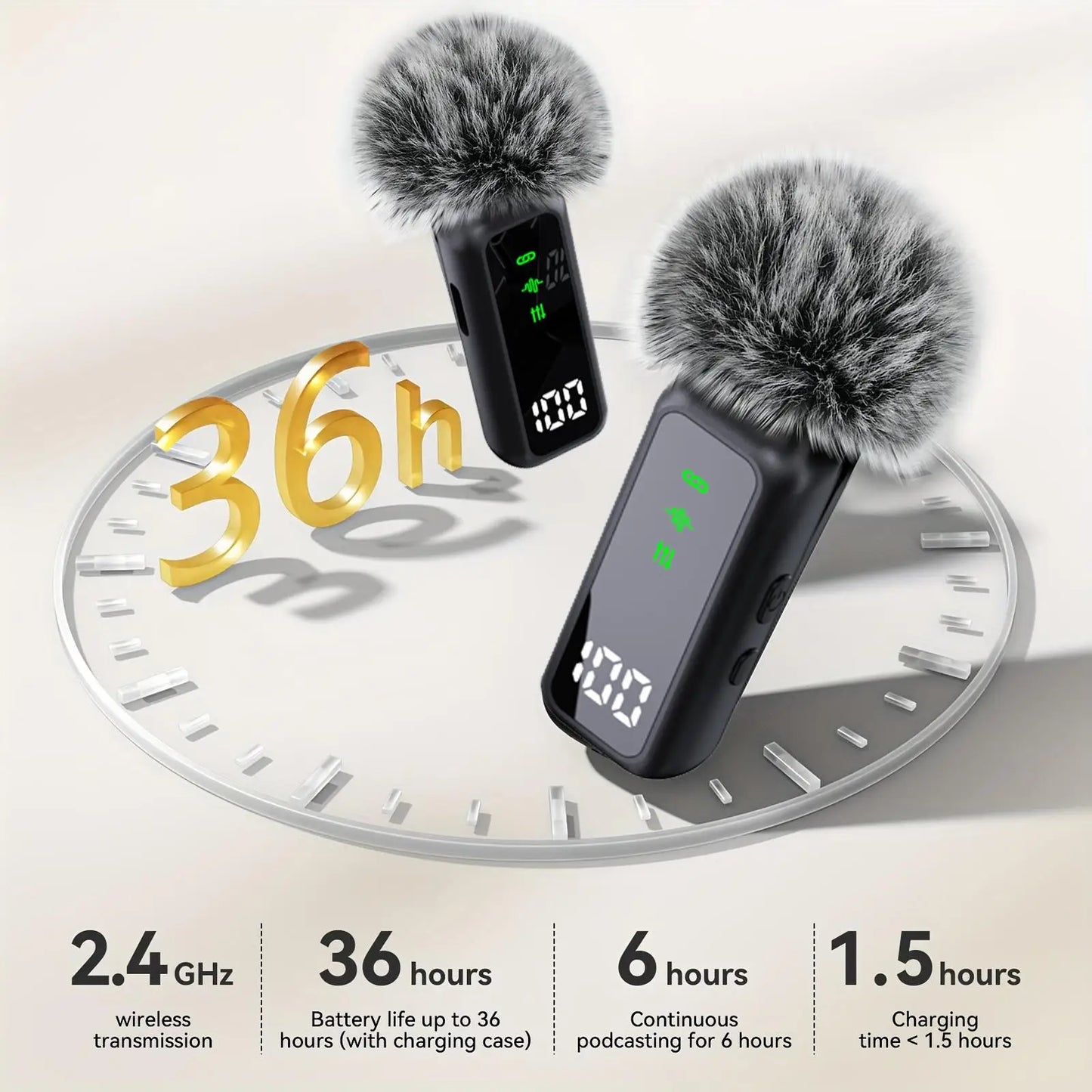 Wireless lavalier microphone with charging case, LED battery level display, 36-hour battery life, DSP noise reduction, 135-foot range, plug-and-play clip-on microphone, compatible with iPhone, iPad, Android, vlogging, and liv