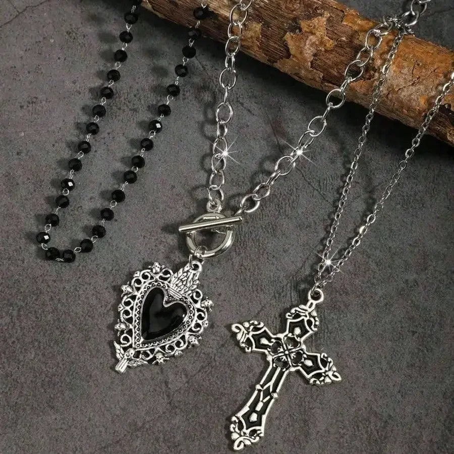 3Pcs Gothic Black Heart Cross Necklace, Y2K Punk Vintage, Daily Party Streetwear, Ideal Gift, Free Shipping