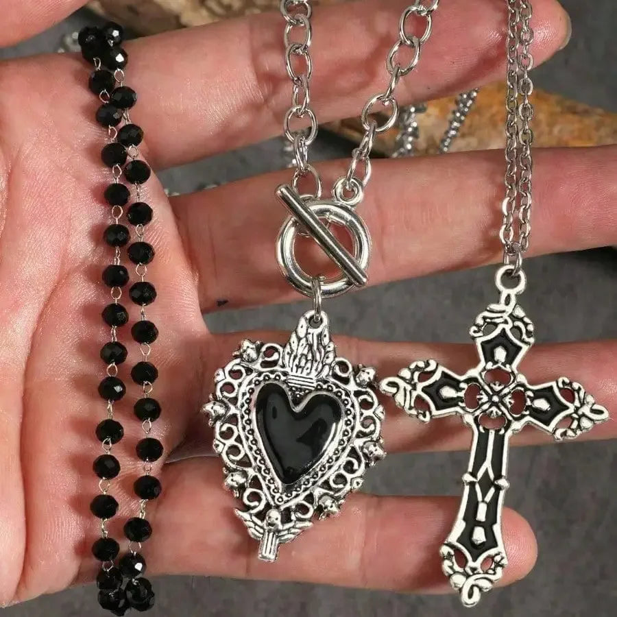 3Pcs Gothic Black Heart Cross Necklace, Y2K Punk Vintage, Daily Party Streetwear, Ideal Gift, Free Shipping